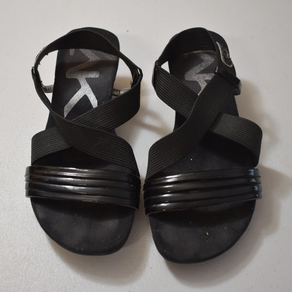 Anne Klein Sport Akkanelle Black Stretch Fabric Crisscross Low Wedge Sandal 6